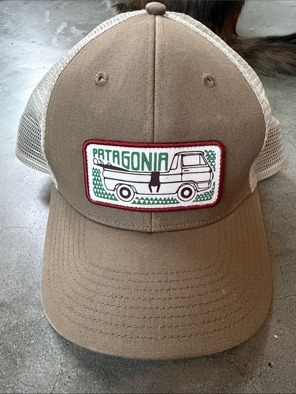 Patagonia Tan and Beige Trucker Hat with Green Patch